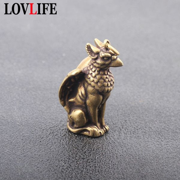 

soild copper mythical animals bird head wings beast body pendants brass ornaments key chain hanging trinket small bronze statue, Silver