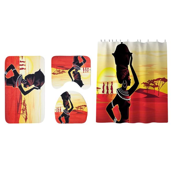 

4 pieces bathroom shower curtain set with bath rug toilet lid cover style c