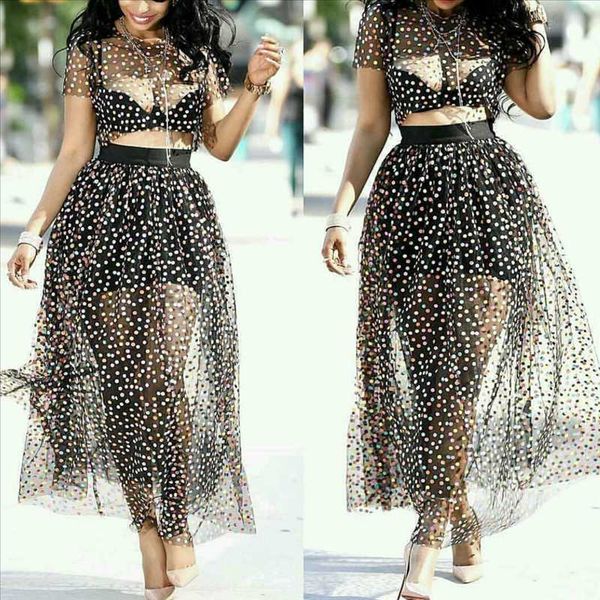 

2 pieces sets women tulle blouse skirt polka dot suits thin transparent crop elegant jupes with lining fashion summer, White