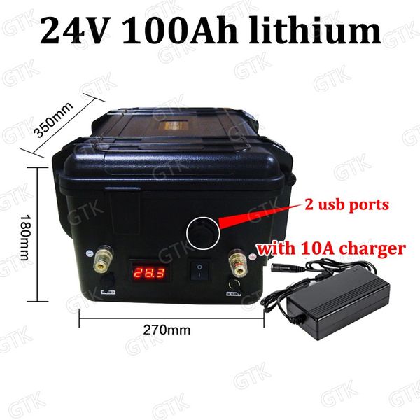 

gtk waterproof 24v 100ah lithium battery 100a bms 200ah li-ion battery for 1500w 2000w rv ev scooter solar storage +10a charger