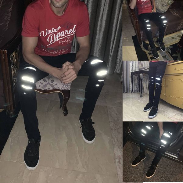 

streetwear skinny jeans men personalized straight hole jeans night-reflective trouser long pants warm denim pantalones hombre, Blue