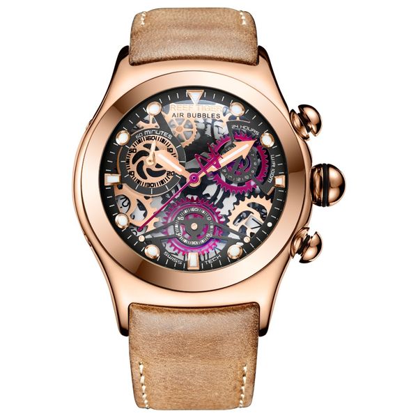 

reef tiger/rt skeleton sport watches for men rose gold luminous quartz watches genuine leather strap rga792, Slivery;brown