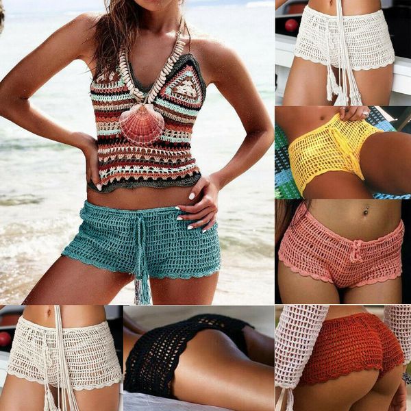 

2019 summer women plain swim trunks crochet knit shorts female bandage swimwear short swimming crochet bottoms