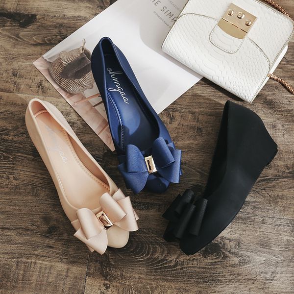 

height increase jelly shoes bow-knot peep toe summer flats waterproof non-slip platform loafers ladies casual wedges moccasins, Black