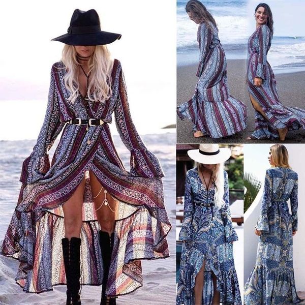 

women spring long sleeve v-neck chiffon bohemia dresses ladies autumn front split long sleeve beach dress sundress, Black;gray