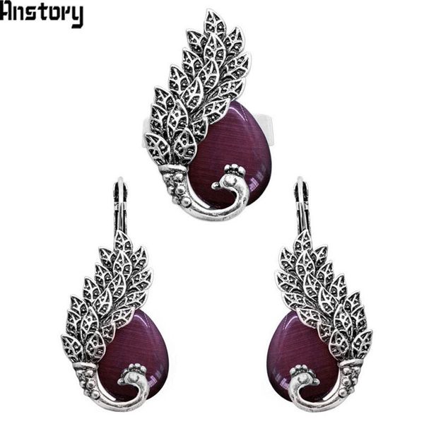 

drop transparent purple opal peacock jewelry sets earrings ring for women antique silver plated fashion gift