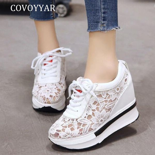 

covoyyar hidden high heels women sneakers breathable mesh wedges platform shoes woman 2019 summer lace up white sneakers wsn266 y200424, Black