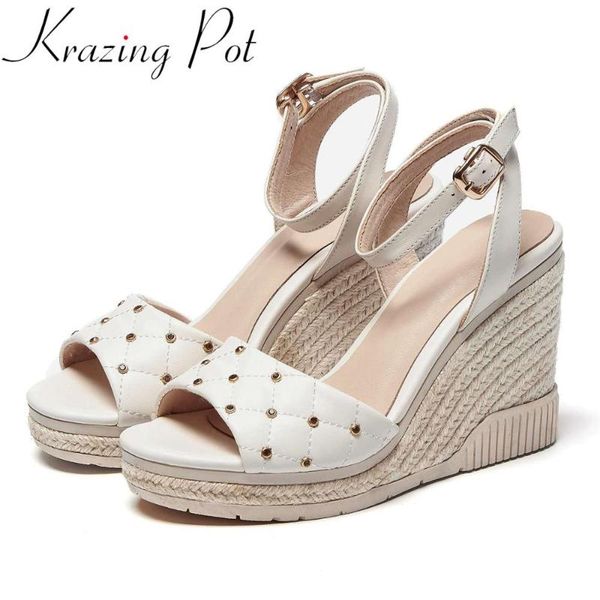 

krazing pot interstar genuine leather peep toe super high heels straw shoes rhinestone buckle straps fashion summer sandals l12, Black
