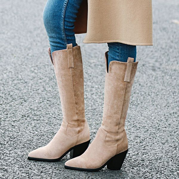 

pointed toe over mid-calf boots for women thick heel western winter cowgirls boots beige black red brown brown