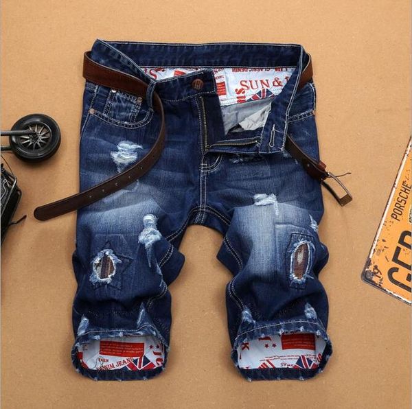 

men's summer short jeans holes patchwork denim shorts casual knee length shorts jeans mens good quality size 38, Blue
