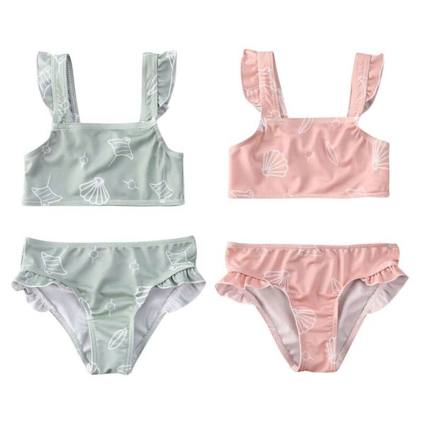 

2020 summer toddler baby girl swimwear two pieces set little girl 2pcs ruffle shell print bikini set bathing suit swimsuit 6m-5t