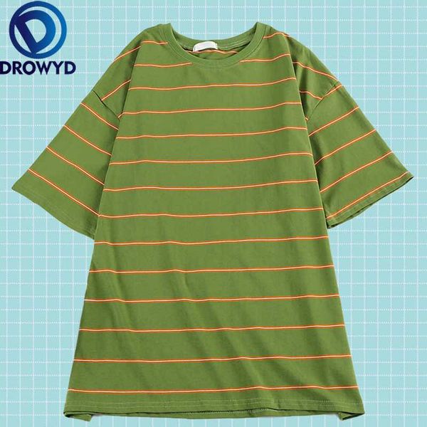 

лето сыпучие топы крупногабаритные футболки женщины harajuku моды нью-коричневый зеленый полосатый печать повседневный o-образным вырезом тр, White