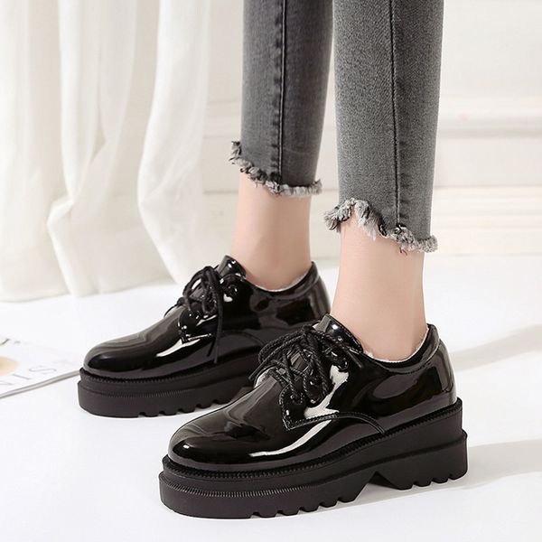 

women warm winter shoes flat women's fashion patent leather ladies platform short furry plush female shoes comfort footwear, Black
