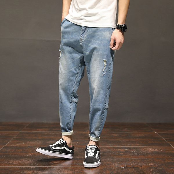 

fashion solid men jeans casual loose ankle length denim pants scratched jeans homme big size, Blue