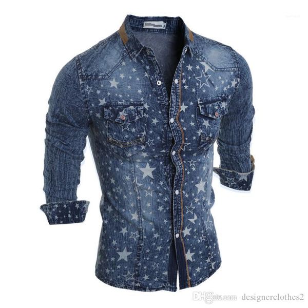 

printed lapel neck long sleeve mens casual shirts fashion male washed denim mens shirts autumn slim stars, White;black