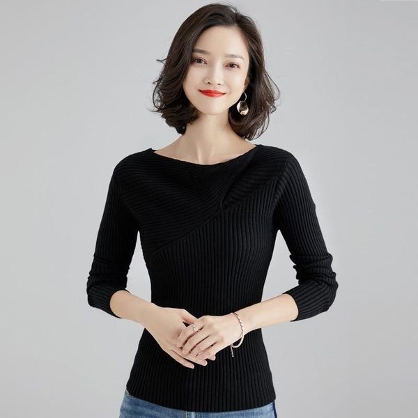 

sweater color tight designer sweaters bottoming temperament noble solid 2021 and shirt ladies sweater cross comfortable women lapel lux thqe, Black