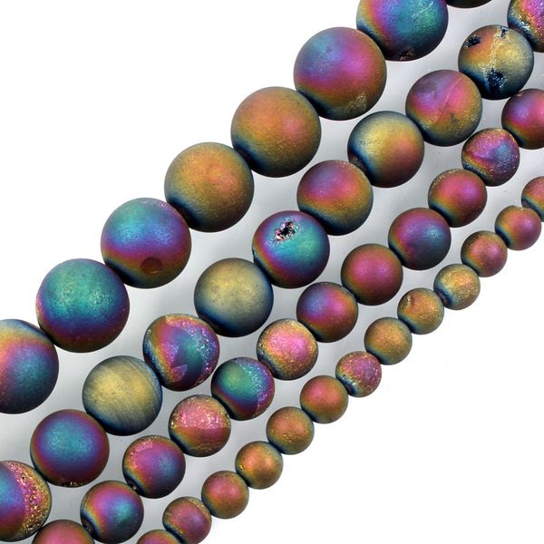

lf natural stone beads colorful metallic titanium coated natural druzy quartz agat round loose beads for jewelry making 6-12mm