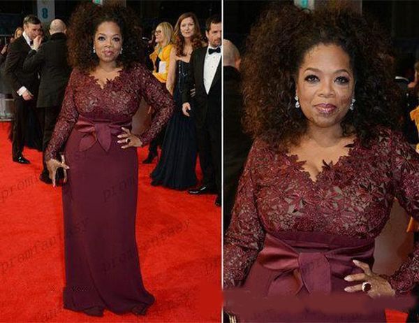 Oprah Winfrey Burgunderrote, lange Ärmel, sexy Kleider für die Brautmutter, V-Ausschnitt, durchsichtige Spitze, Mantel, Übergröße, Promi-Kleider für den roten Teppich im Angebot