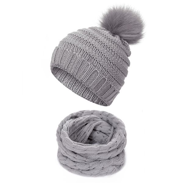 

children kids winter hat scarf set ball hat pom pom beanies baby girls warm cap scarf set, Blue;gray