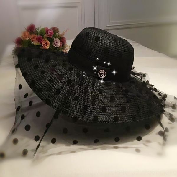 

mingyuan polka straw dot mesh stitched straw hat big eaves sunshade beach hat -labeled goddess ins, Blue;gray