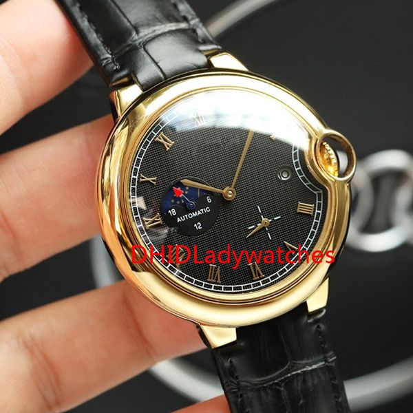 

luxury sports watch moon phase calendar display black lettering automatic movement 316 stainless steel case leather strap men's watch x, Slivery;brown