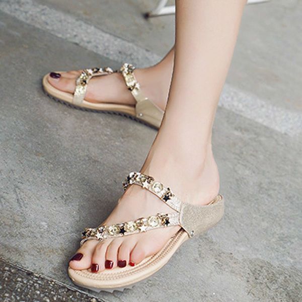 

женщины летних квартир обуви женщина pu кожа флип ремень скользит тапочки на открытый воздух блестящего кристалла sandalias mujer sapato fem, Black