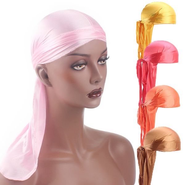 

breathable silk hat chemo long silk satin turban men headband wigs doo durag biker headwrap new cap pirate hat 2020 hair accesso fevs, White;black