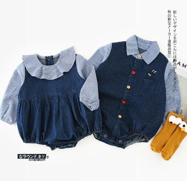 

baby kids designer clothes Denim Romper Long Sleeve Pet Pan Collar Romper Clothes 100% cotton girl boy rompers 0-2T