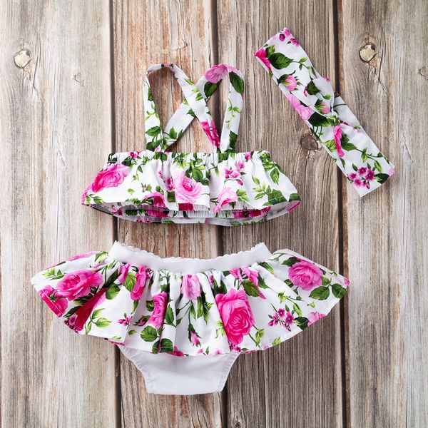 

ins kids summer cotton floral suits 1-4t baby girl beach bikini clothig sets party costume tank pantskirt+headband=3pcs/set, White
