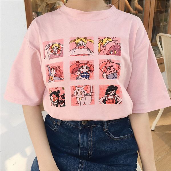 

summer women t shirt 2019 harajuku sweet print sailor moon loose short sleeve plus size tee shirt femme pink woman clothes, White