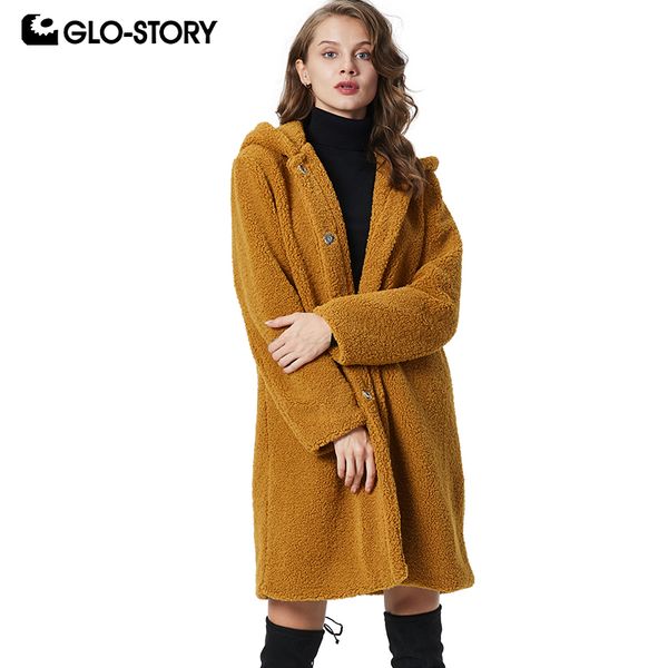 

glo-story teddy cozy women's winter long hooded fleece lamb coats female 2019 casual streetwear knee length overcoat wfy-9441, Black