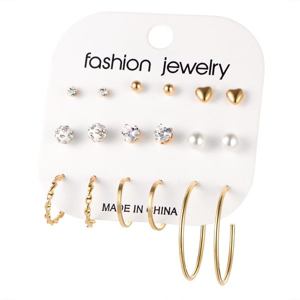 

9 pair/lot fashion korean pearl stud earrings set for women heart ball round earring gold silver diamond circle earring jewelry, Golden;silver