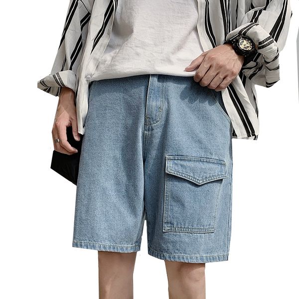 

streetwear мужские джинсы 2020 summer комфортная hip-hop сплошного цвета до колен штаны большой карман дряблая denim шорты мужской, Blue