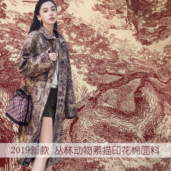 

2019 new red and blue color jungle animal sketch pattern printed cotton jacket pants fabric handmade diy fabric sale, Black;white