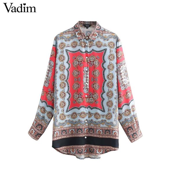 

vadim women vintage long style print blouse irregular long sleeve female casual shirts vintage chic basic blusas la880, White