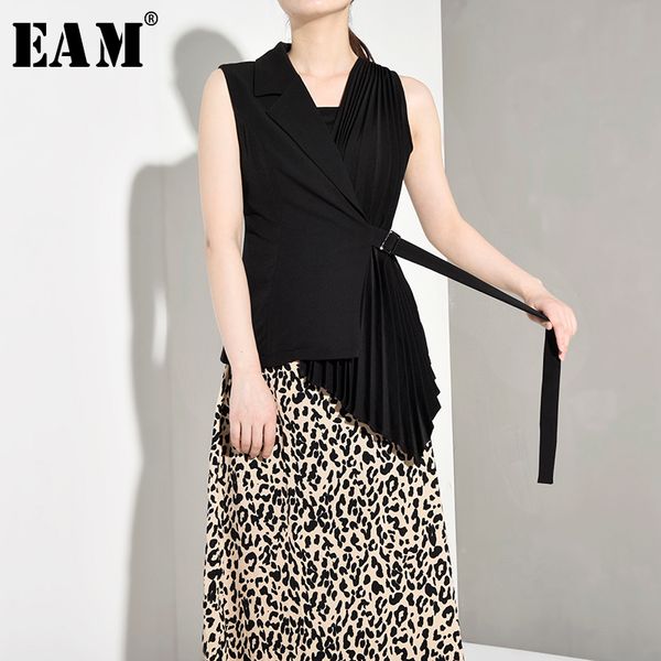 

eam] women loose asymmetrical pleated bandage fit vest new v-collar sleeveless buckle fashion tide spring autumn 2019 yc3110, Black;white