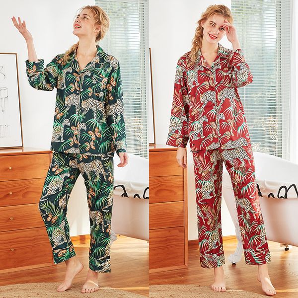 

women long sleeve pajamas long sleeve women satin pyjamas emulation silk sleepwear set female printing nightgown, Blue;gray