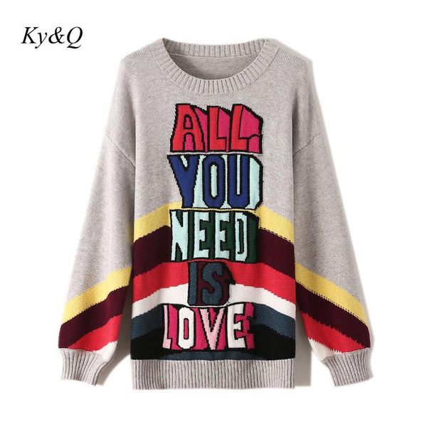 

hih street women pullover runway winter christmas rainbow striped letters jacquard loose long sleeve sweater 2019, White;black