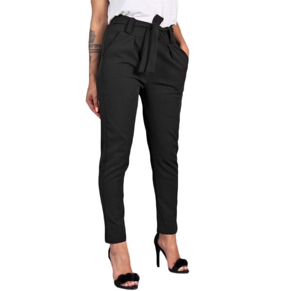 

women office pencil pant high waist bow tie trousers bandage high waist elastic stripe casual pant female trouser 2019 #f, Black