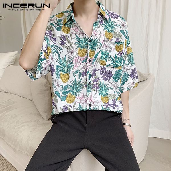 

incerun floral print hawaiian shirt men half sleeve chic lapel beach loose fashion casual blouse 2020 streetwear camisas hombre, White;black