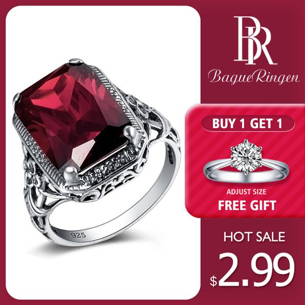 

bague ringen rectangle vintage red ruby rings for women new fashion gemstone silver 925 jewlery ring wholesale party gifts, Golden;silver