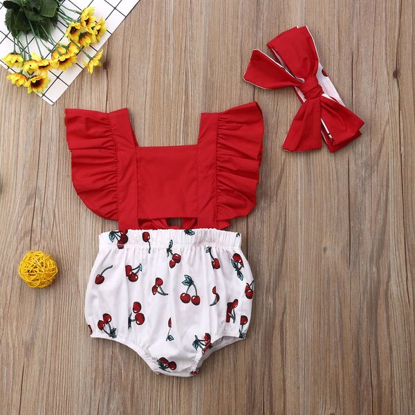 

девочки рюшами с коротким рукавом cherry печати romper с headband, Blue