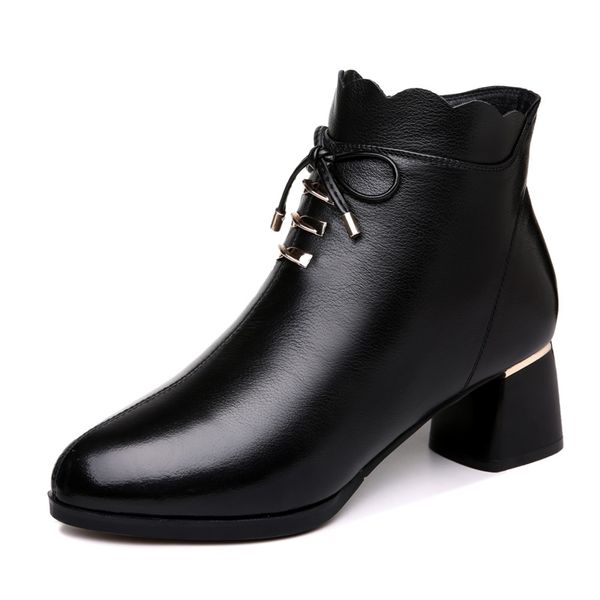 

genuine leather women ankle boots square heel solid colors women shoes short plush warm winter autumn boots zip shoes 3-83, Black