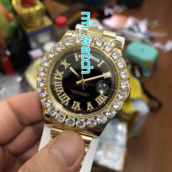 

prong set diamonds wristwatches 43mm gold stainless steel automatic mechanical mens big diamond watches, Slivery;brown