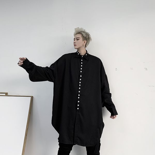 

new men multiple buttons casual long sleeve loose shirts male streetwear punk gothic hip hop long style shirt, White;black