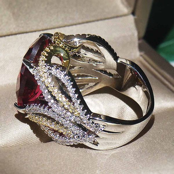 

exaggerated inlaid egg-shaped red zircon women rings trendy simple engagement wedding rings with big stone jewelry, Golden;silver