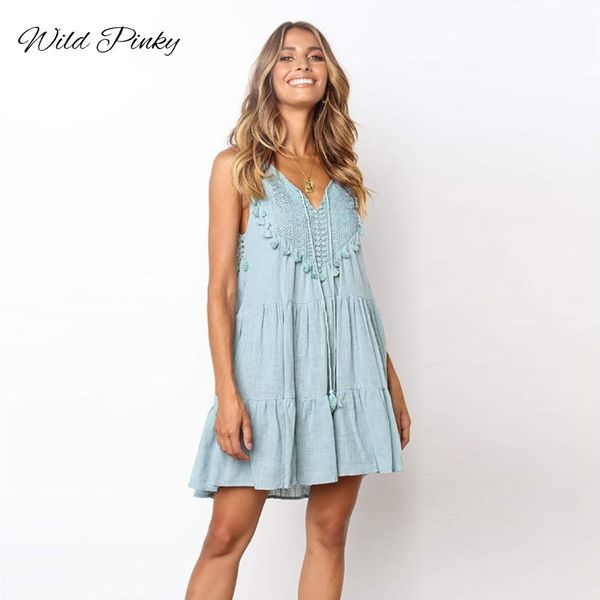 

wildpinky women summer sundress boho v-neck beach dresses 2019 sleeveless tank dress white tassels mini dress vestidos, Black;gray