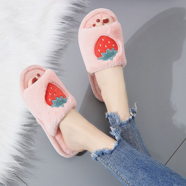 

fashion autumn and winter new fruit word wool slippers soft girl non slip flat bottom korean home cotton slippers women wholesale, Black