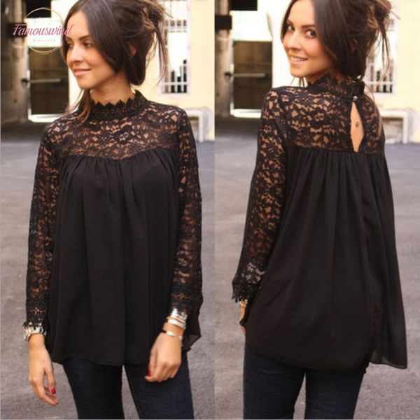 

кружевной топ блузка повседневная с длинным рукавом топы рубашка черный кружевной рукав мода женщины леди одежда лето осень, White