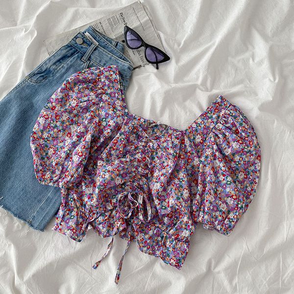 

girls purple floral short-sleeved shirts 2020 summer women's korean-style sweet midriff blouses fashion, White